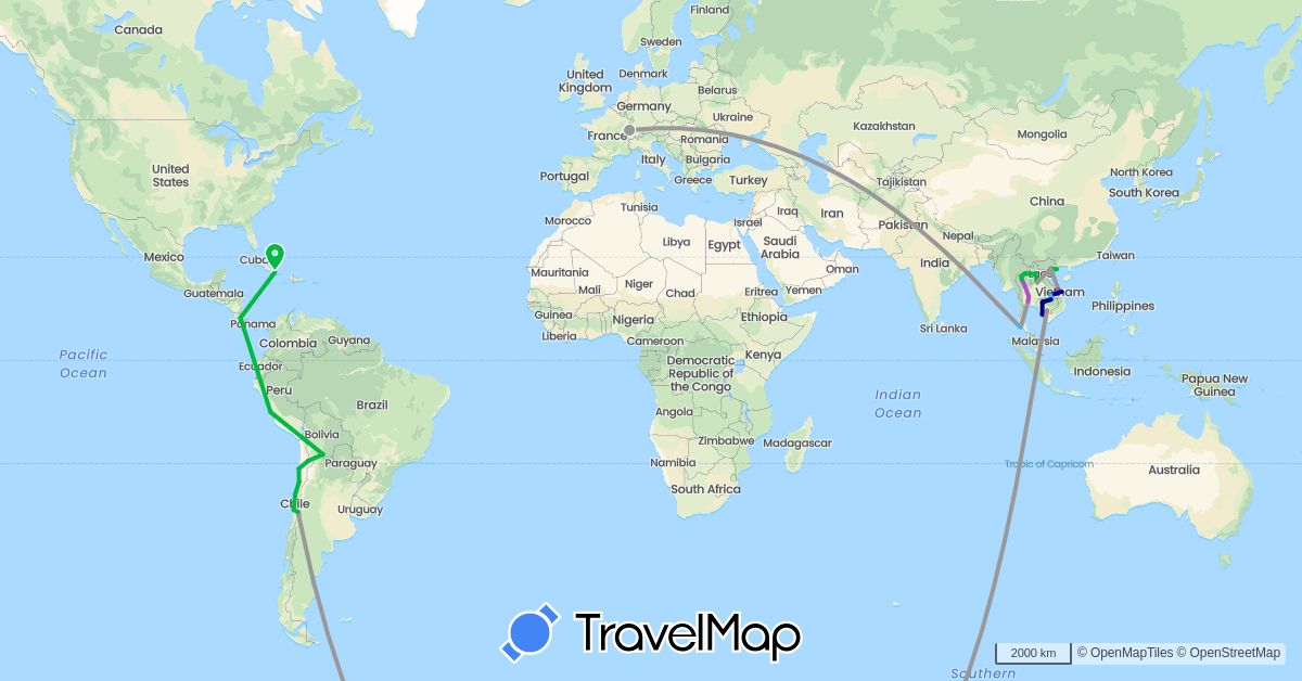 TravelMap itinerary: driving, bus, plane, train, boat in Bolivia, Switzerland, Chile, Costa Rica, Cuba, Cambodia, Laos, Peru, Thailand, Vietnam (Asia, Europe, North America, South America)