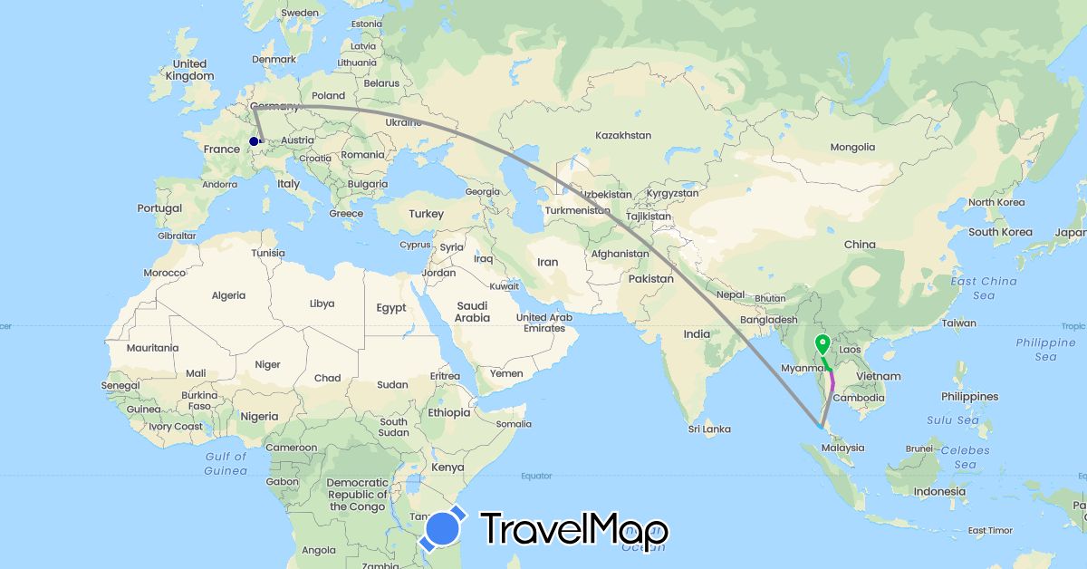 TravelMap itinerary: driving, bus, plane, train, boat in Switzerland, Germany, Thailand (Asia, Europe)