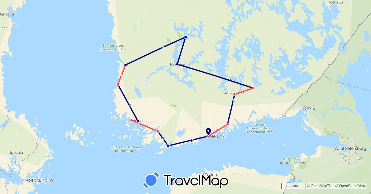 TravelMap itinerary: driving, hiking in Finland (Europe)
